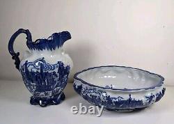 Victoria Ware Ironstone Flow Blue Basin Wash Bowl & Ewer Water Pitcher Jug Set