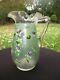 Victorian Glass Lemonade Water Pitcher Jug Enamel Purple Violets Satin Green