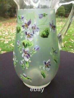 Victorian Glass Lemonade Water Pitcher Jug Enamel Purple Violets Satin Green