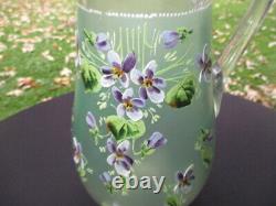 Victorian Glass Lemonade Water Pitcher Jug Enamel Purple Violets Satin Green