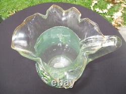 Victorian Glass Lemonade Water Pitcher Jug Enamel Purple Violets Satin Green