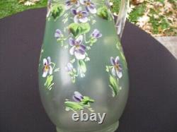 Victorian Glass Lemonade Water Pitcher Jug Enamel Purple Violets Satin Green