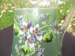 Victorian Glass Lemonade Water Pitcher Jug Enamel Purple Violets Satin Green