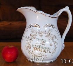 Victorian ICE WATER Pitcher Transfer Decorated Handled Jug H. P. Co. Stoneware