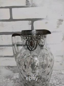 Vint Art Nouveau Glass Sterling Silver Overlay Floral Water Pitcher Jug