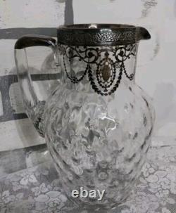 Vint Art Nouveau Glass Sterling Silver Overlay Floral Water Pitcher Jug