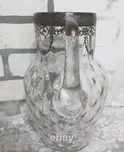 Vint Art Nouveau Glass Sterling Silver Overlay Floral Water Pitcher Jug