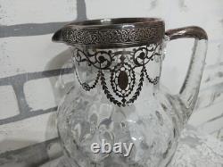 Vint Art Nouveau Glass Sterling Silver Overlay Floral Water Pitcher Jug