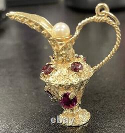 Vintage 14K Solid Yellow Gold Ornate Gem Stone Water Wine Pitcher Jug Charm