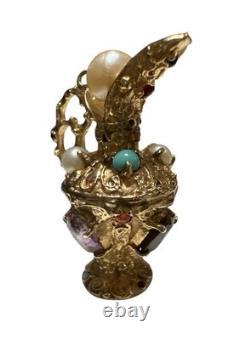 Vintage 14K Solid Yellow Gold RARE Custom Gem Stone Water Wine Pitcher Jug Charm