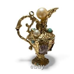 Vintage 14K Solid Yellow Gold RARE Custom Gem Stone Water Wine Pitcher Jug Charm