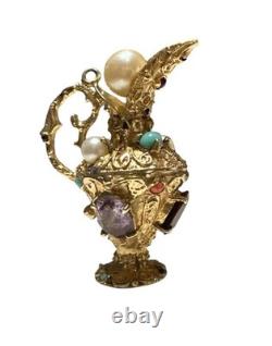 Vintage 14K Solid Yellow Gold RARE Custom Gem Stone Water Wine Pitcher Jug Charm