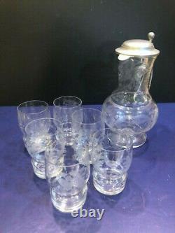 Vintage 7 piece set 6 Etched Water Glasses & Pewter Lidded Pitcher/Jug