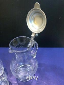 Vintage 7 piece set 6 Etched Water Glasses & Pewter Lidded Pitcher/Jug