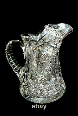 Vintage American Brilliant Ornate Cut Glass Crystal Water Pitcher Jug Ice Lip