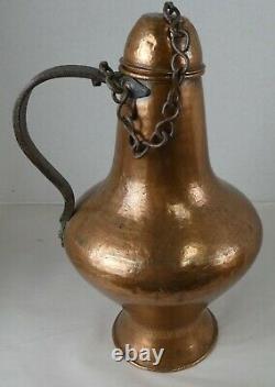 Vintage Antique Hammered Copper Over Tin Water Pitcher Jug with Attached Lid