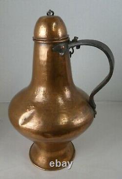 Vintage Antique Hammered Copper Over Tin Water Pitcher Jug with Attached Lid