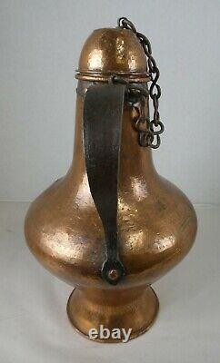 Vintage Antique Hammered Copper Over Tin Water Pitcher Jug with Attached Lid