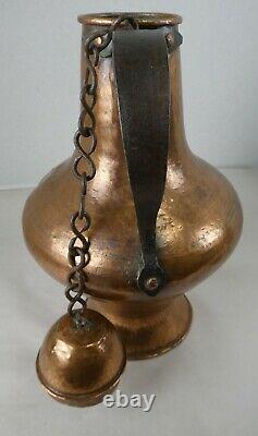 Vintage Antique Hammered Copper Over Tin Water Pitcher Jug with Attached Lid