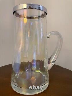 Vintage Art Glass Clear iridescent 10H Cylindrical Water Tea Pitcher Silver Rim