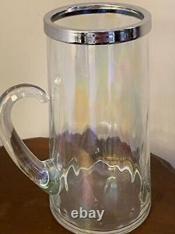 Vintage Art Glass Clear iridescent 10H Cylindrical Water Tea Pitcher Silver Rim