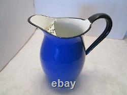 Vintage Blue Enamelware water Pitcher Jug Farmhouse withice lip Japan OTO 9 ½ T