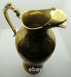Vintage Brass Handcrafted Unique Shape Solid Engraved Water Pitcher Jug HEAVY