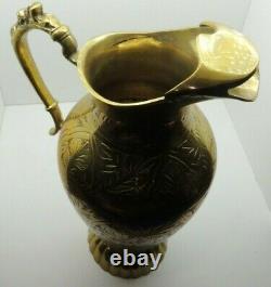 Vintage Brass Handcrafted Unique Shape Solid Engraved Water Pitcher Jug HEAVY