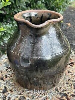 Vintage Brown Glaze Redware Pitcher Pottery Vase Water Jug Pinch Spout