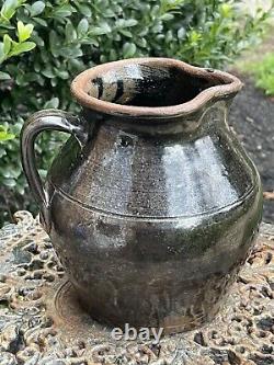 Vintage Brown Glaze Redware Pitcher Pottery Vase Water Jug Pinch Spout