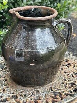 Vintage Brown Glaze Redware Pitcher Pottery Vase Water Jug Pinch Spout