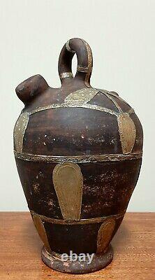 Vintage Clay Pottery Water/Wine Jug With Metal Appliques African Style Pitcher