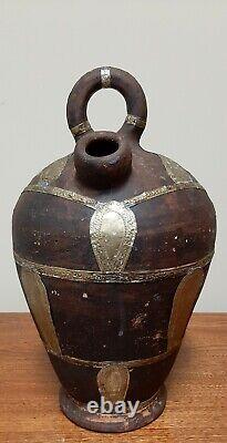 Vintage Clay Pottery Water/Wine Jug With Metal Appliques African Style Pitcher