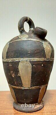 Vintage Clay Pottery Water/Wine Jug With Metal Appliques African Style Pitcher