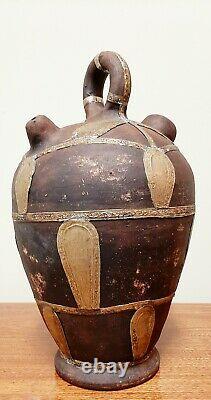 Vintage Clay Pottery Water/Wine Jug With Metal Appliques African Style Pitcher