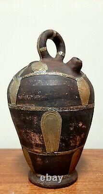 Vintage Clay Pottery Water/Wine Jug With Metal Appliques African Style Pitcher