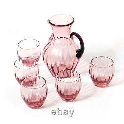 Vintage Czech cranberry pink and amethyst water pitcher jug and glass set