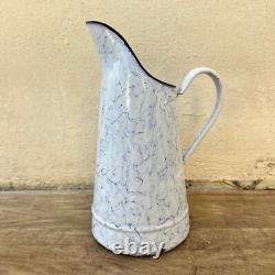 Vintage Enamel pitcher jug water marble blue white 2809227