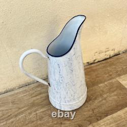 Vintage Enamel pitcher jug water marble blue white 2809227