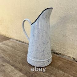 Vintage Enamel pitcher jug water marble blue white 2809227