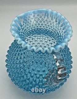 Vintage Fenton Glass Blue Opalescent Hobnail Lg Ruffled Water Pitcher 8
