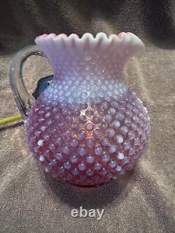 Vintage Fenton Hobnail Cranberry Opalescent Ball Water Pitcher Jug Glass