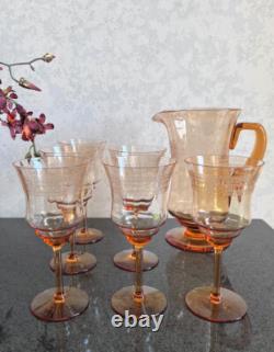 Vintage Fostoria Seville Amber Glass Etched Pitcher / Jug & 6 Water Goblets Set