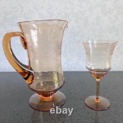 Vintage Fostoria Seville Amber Glass Etched Pitcher / Jug & 6 Water Goblets Set