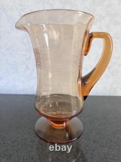 Vintage Fostoria Seville Amber Glass Etched Pitcher / Jug & 6 Water Goblets Set