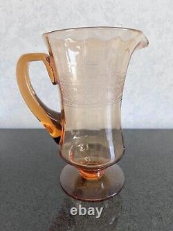 Vintage Fostoria Seville Amber Glass Etched Pitcher / Jug & 6 Water Goblets Set