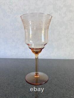 Vintage Fostoria Seville Amber Glass Etched Pitcher / Jug & 6 Water Goblets Set