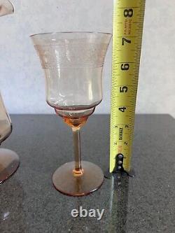 Vintage Fostoria Seville Amber Glass Etched Pitcher / Jug & 6 Water Goblets Set