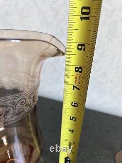 Vintage Fostoria Seville Amber Glass Etched Pitcher / Jug & 6 Water Goblets Set