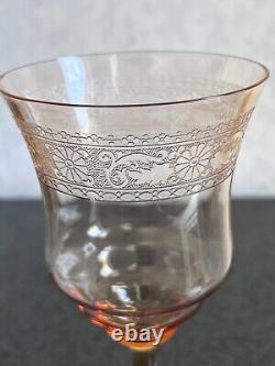 Vintage Fostoria Seville Amber Glass Etched Pitcher / Jug & 6 Water Goblets Set